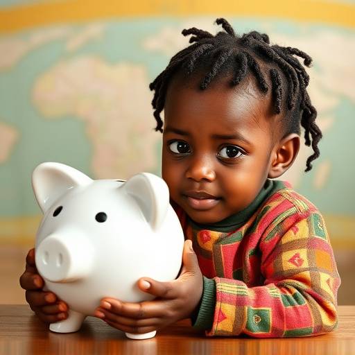 A mother teaching her child about saving money in a piggy bank in Uganda