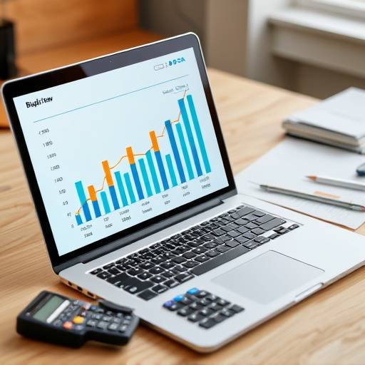 A person reviewing a budget on their laptop, surrounded by financial documents and a calculator