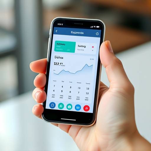 Hand holding a smartphone displaying an expense tracking app with graphs